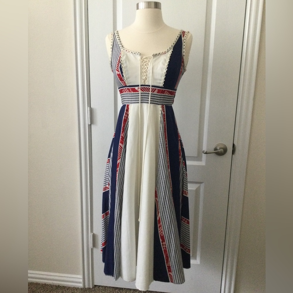 Vintage Gunne Sax 1970s Bandana Corset Lace Dress Sz XS S